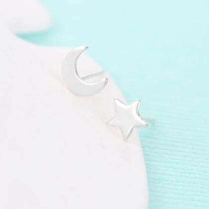 Moon And Star Stud Earrings - Sterling Silver